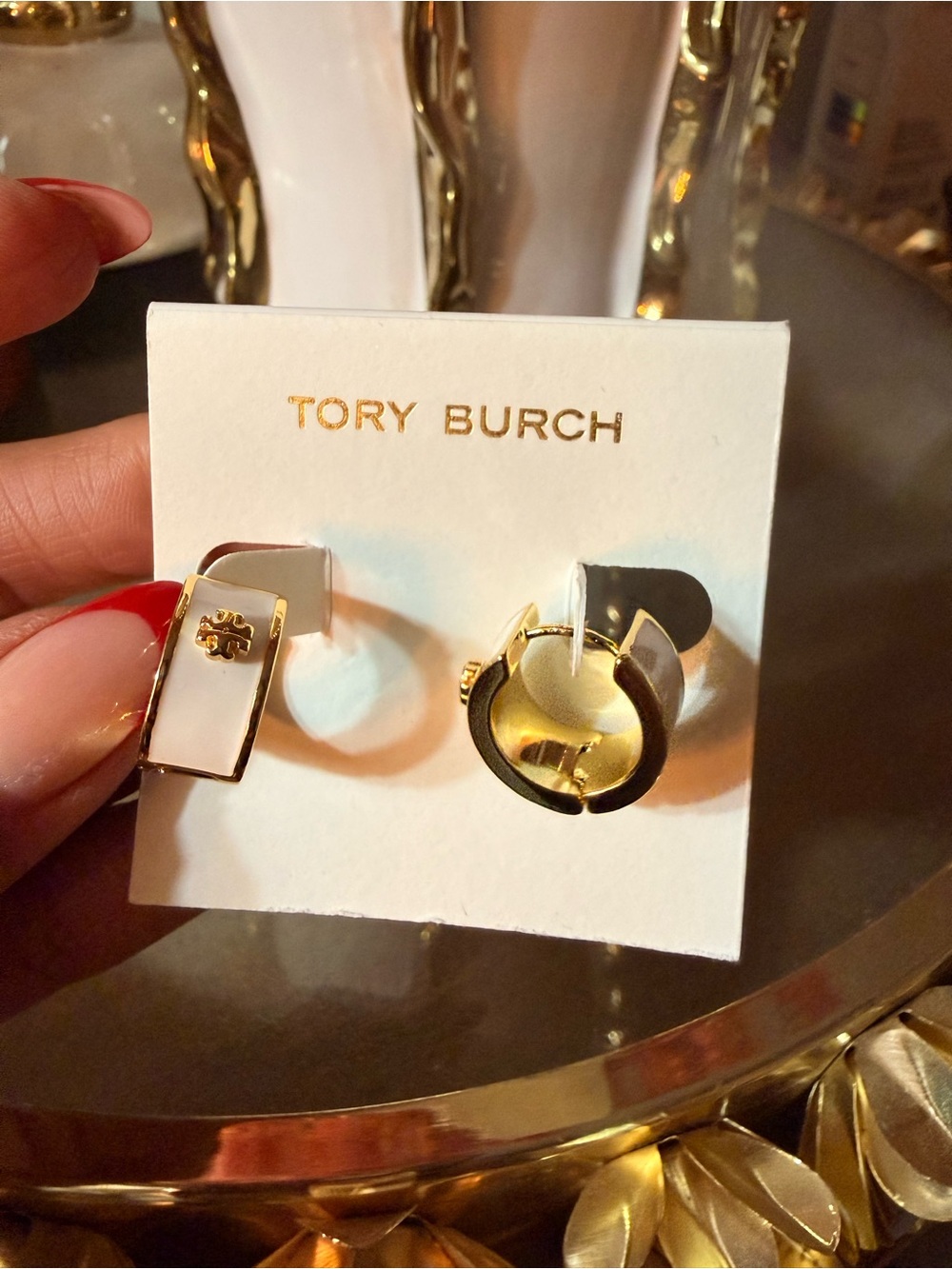 Tory Burch White and Gold Enamel Hoop Earrings